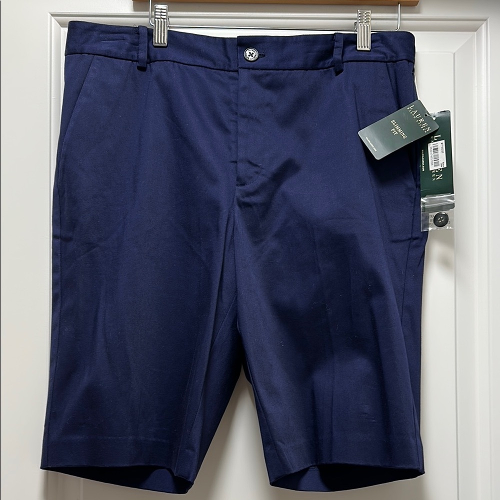 🆕 Lauren Ralph Lauren NEW Bermuda Shorts Walking Shorts Blue Flat Front Slimming